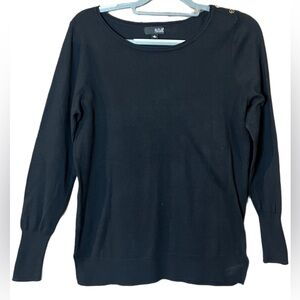 Lightweight black sweater, women’s size medium, gold buttons left shoulder, ana